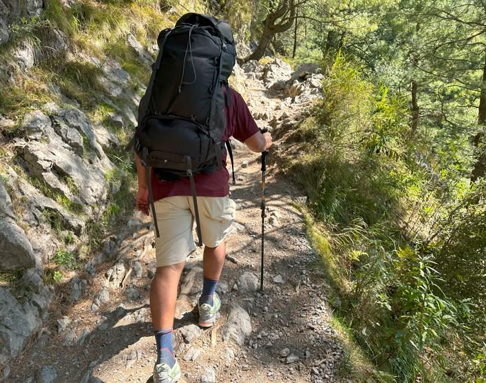 Hiking shorts- backpacking uphill in Columbia shorts