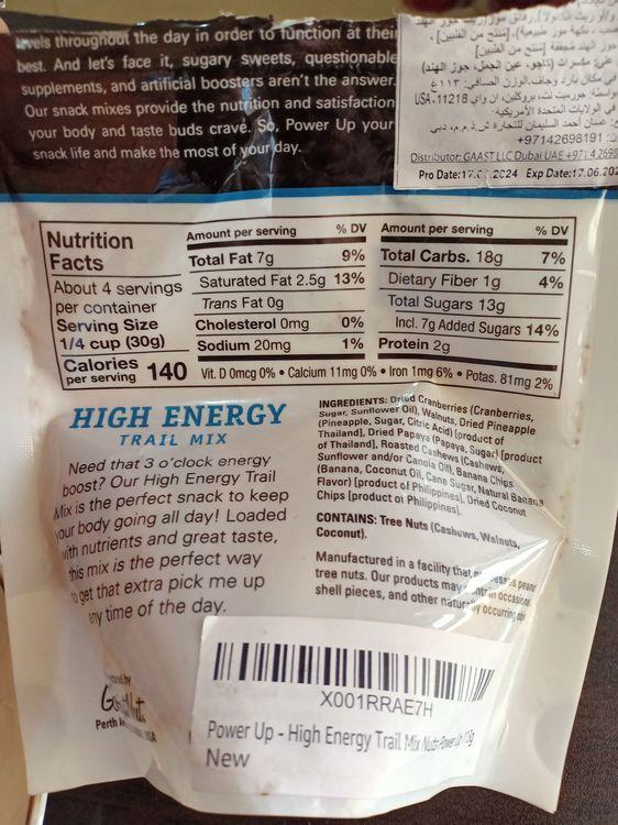 Power Up High Energy Trail Mix Ingredients and Calories details