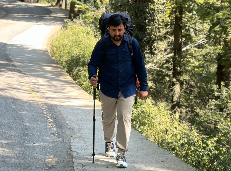 Columbia Silver Ridge Lite Shirt: Hiking in mountains while wearing backpacking pack.