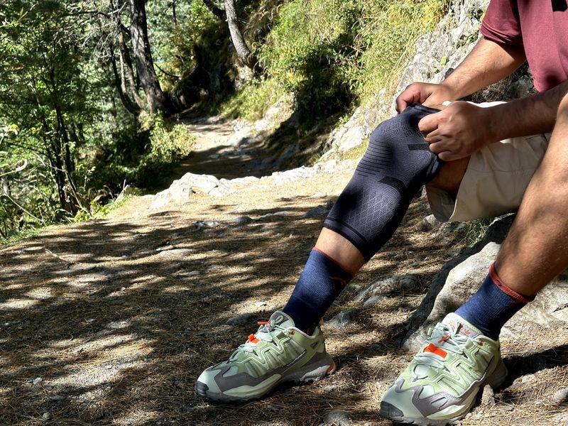 Wearing Knee support for hiking uphill