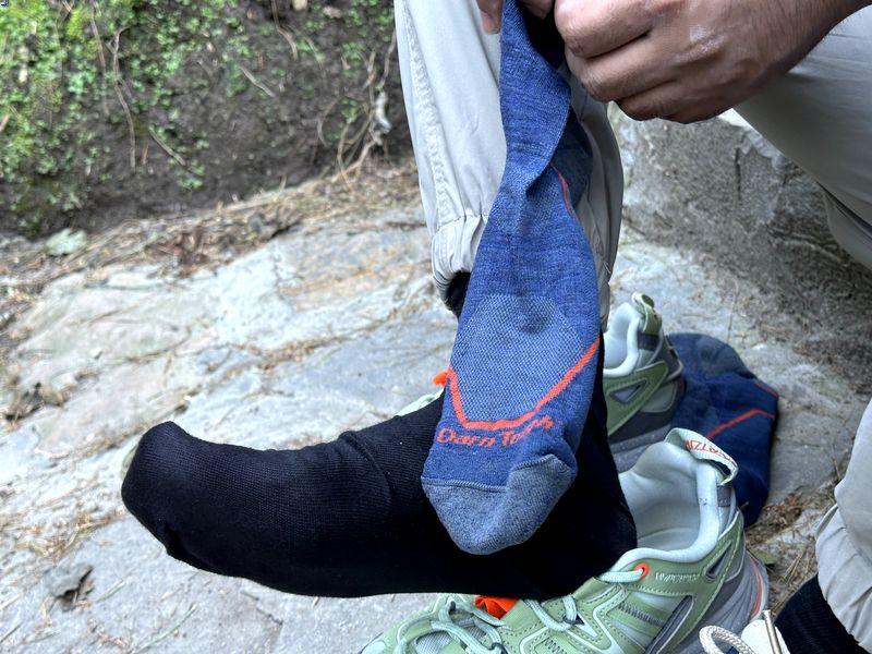 Wearing breathable socks on hiking trail