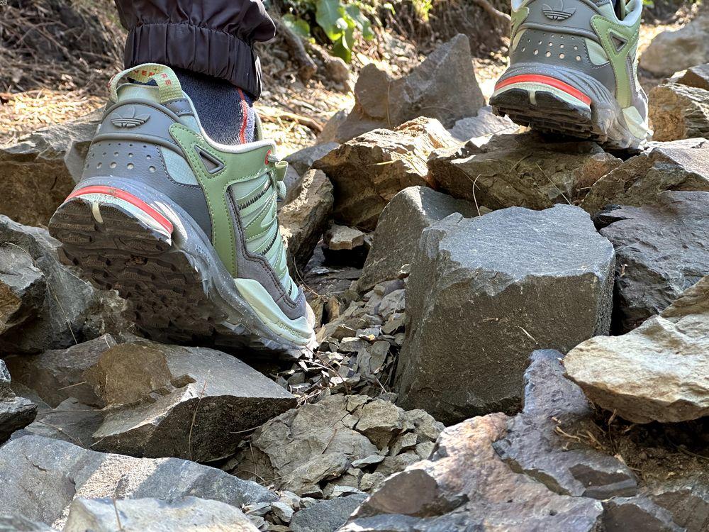 Testing hiking boots traction on rough trail
