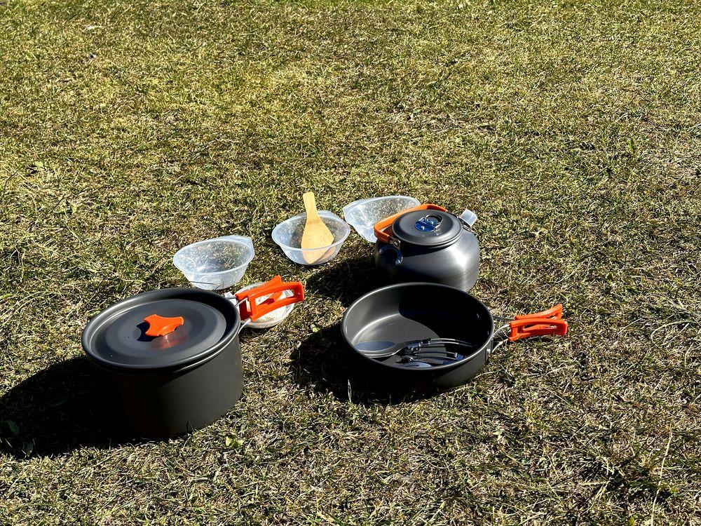 Camping cookware set on a camping site