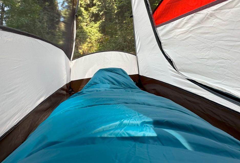  Kelty Cosmic Down 20 inside camping tent (sleeping inside bag during winter hike)