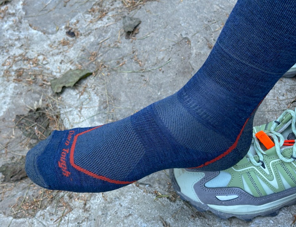 Darn Tough Light Hiker Micro Crew sock worn beside a hiking shoe