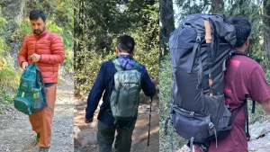 Three hiking backpacks ranging from a lightweight daypack to a 65L multi-day backpack